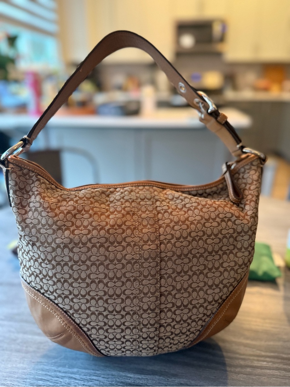 Coach Brown Signature Canvas Shoulder Bag with Tan Leather Trim